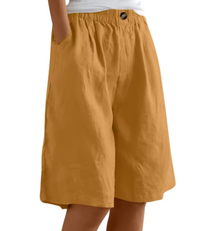 Effortless Linen Bermuda Shorts for Women with Elastic Waist Wide Leg Pleated Relaxed Casual Style