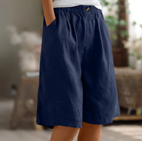 Effortless Linen Bermuda Shorts for Women with Elastic Waist Wide Leg Pleated Relaxed Casual Style