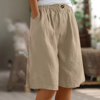 Effortless Linen Bermuda Shorts for Women with Elastic Waist Wide Leg Pleated Relaxed Casual Style