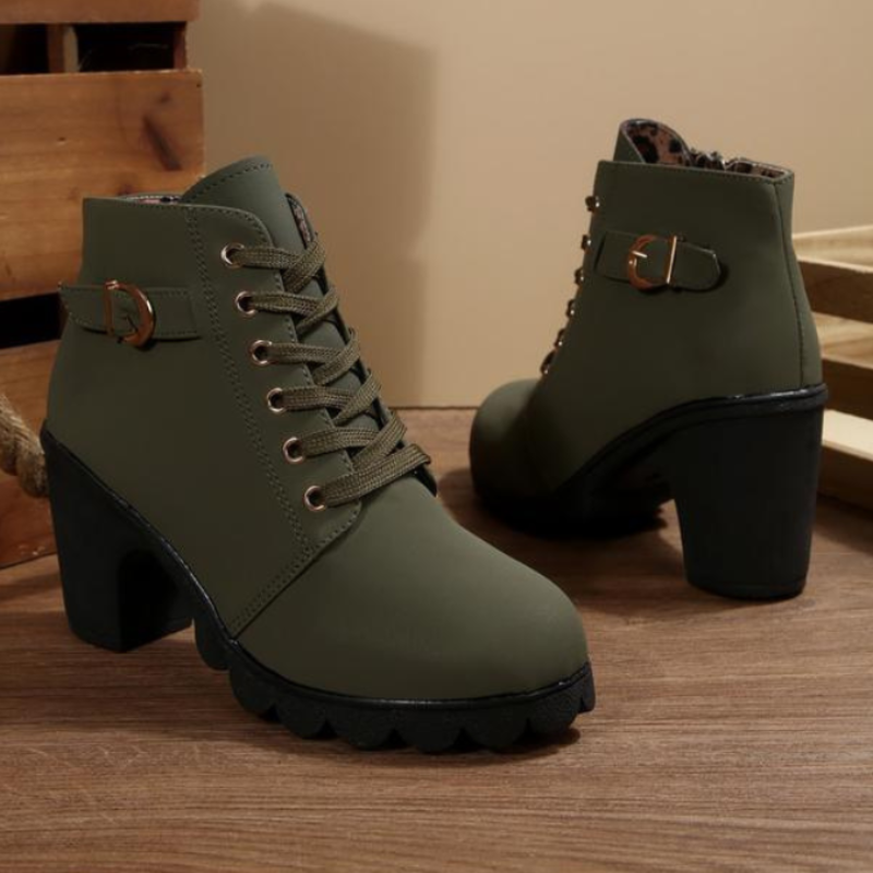 Stylish Suede Lace Up Women Boots with Buckle Strap Chunky Heel Ankle Style