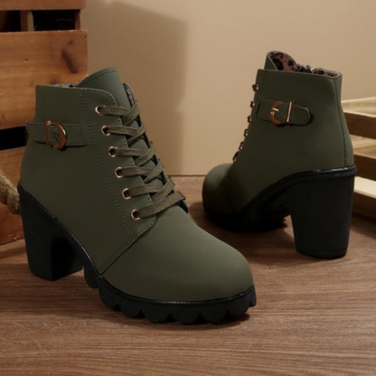 Stylish Suede Lace Up Women Boots with Buckle Strap Chunky Heel Ankle Style