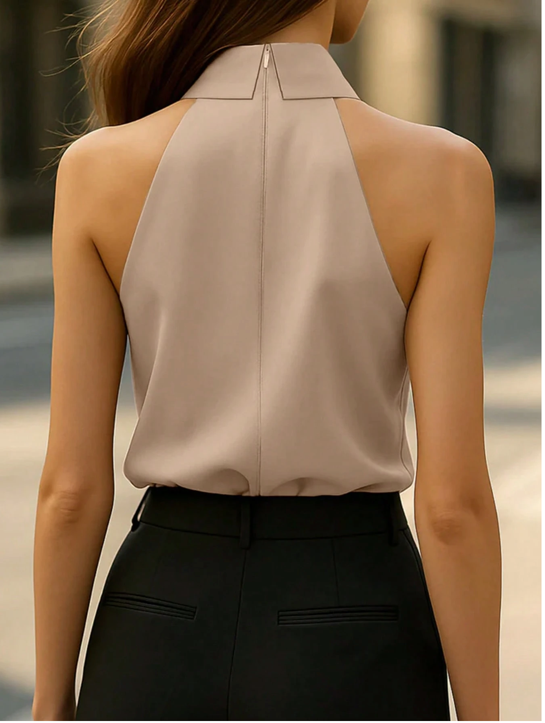 Elegant Beige Halter Top for Women with Collar Neck Sleeveless Tie Knot Silky Style