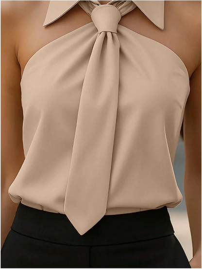 Elegant Beige Halter Top for Women with Collar Neck Sleeveless Tie Knot Silky Style