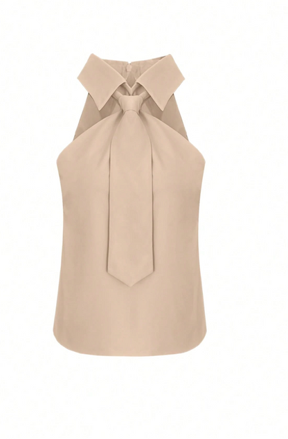 Elegant Beige Halter Top for Women with Collar Neck Sleeveless Tie Knot Silky Style