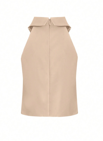 Elegant Beige Halter Top for Women with Collar Neck Sleeveless Tie Knot Silky Style