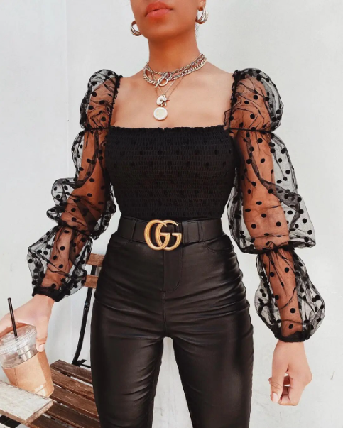Effortless Polka Dot Mesh Going Out Top for Women with Square Neck Sheer Puff Sleeve Smocked Style