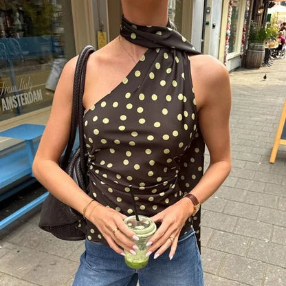 Elegant Brown Polka Dot Halter Top for Women with One Shoulder Sleeveless Ruched Satin Style