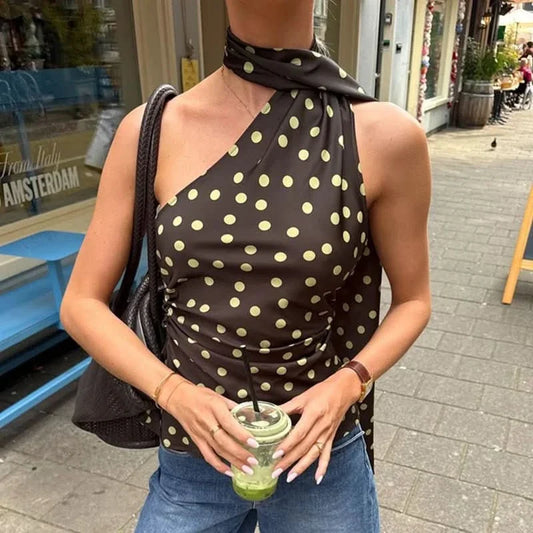 Elegant Brown Polka Dot Halter Top for Women with One Shoulder Sleeveless Ruched Satin Style