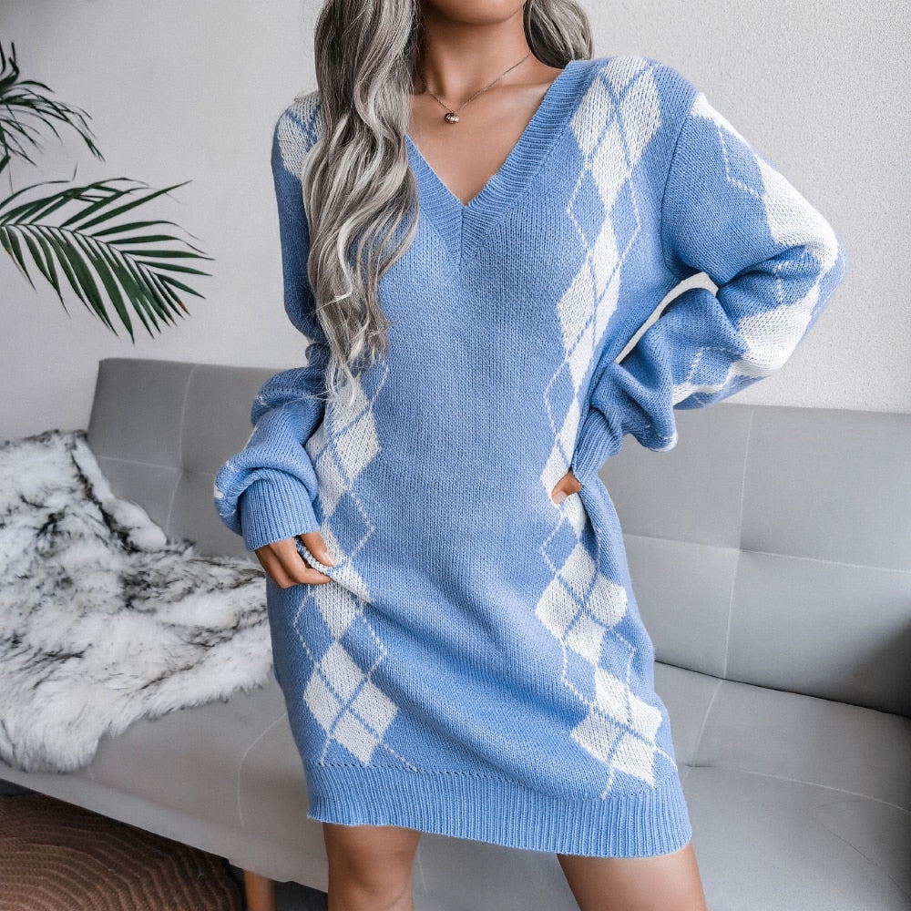 Cozy Argyle Knit Sweater Dress for Women with V Neck Long Sleeve Oversized Pullover Style