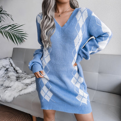 Cozy Argyle Knit Sweater Dress for Women with V Neck Long Sleeve Oversized Pullover Style