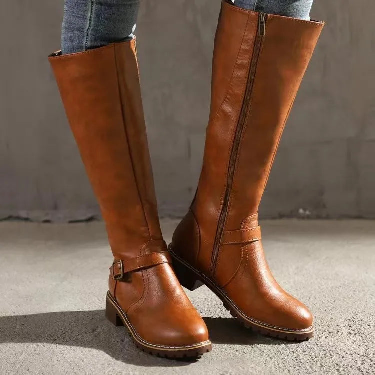 Stylish Brown Boots for Women with Round Toe Block Heel Buckle Strap Zip Up Style
