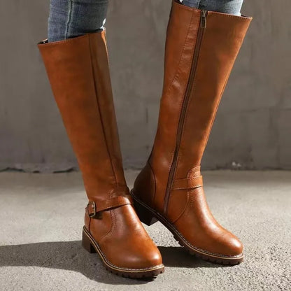 Stylish Brown Boots for Women with Round Toe Block Heel Buckle Strap Zip Up Style