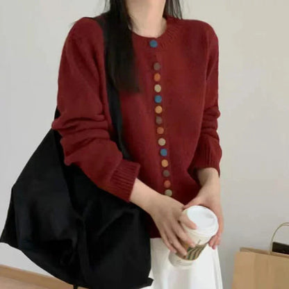 Cozy Knit Cardigan for Women with Crew Neck Long Sleeve Button Front Curved Hem Style