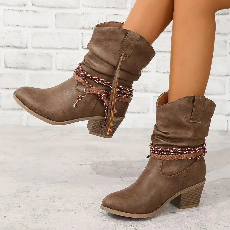 Stylish Dark Brown Boots for Women with Round Toe Braided Tassel Block Heel Western Ankle Style