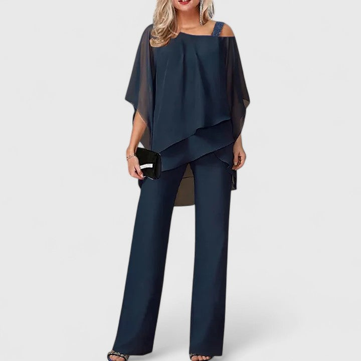 Elegant Two Piece Set for Women with Off Shoulder Cape Top Wide Leg Pants Formal Style