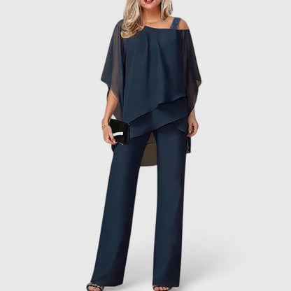 Elegant Two Piece Set for Women with Off Shoulder Cape Top Wide Leg Pants Formal Style