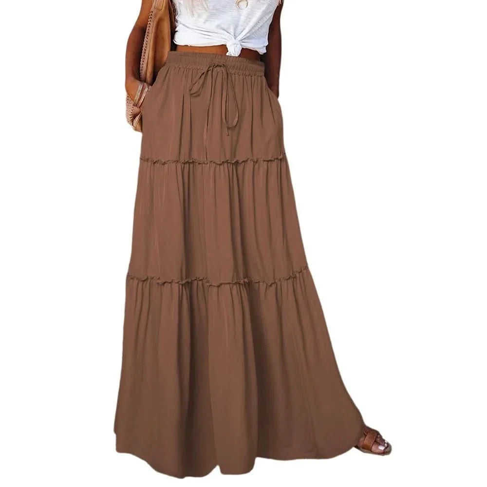 Effortless Tiered Maxi Skirt for Women with High Waist Drawstring Flowing Bohemian Style