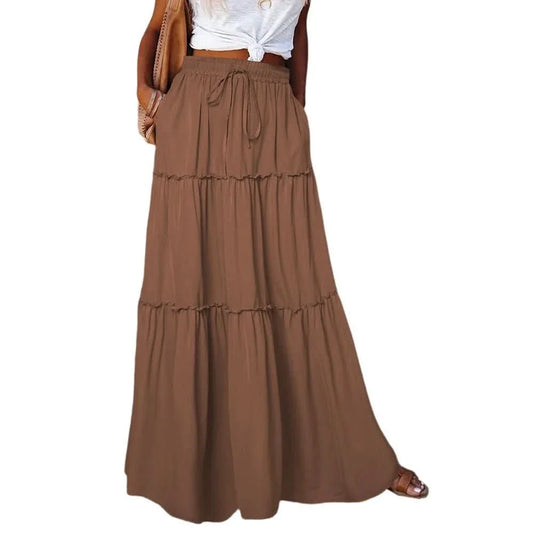 Effortless Tiered Maxi Skirt for Women with High Waist Drawstring Flowing Bohemian Style