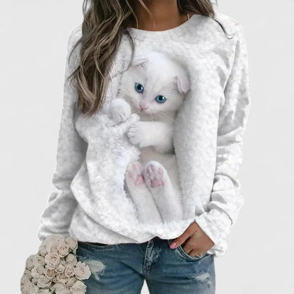 Comfortable Cat Print Sweater for Women with Crew Neck Long Sleeve Cozy Oversized Knit Style