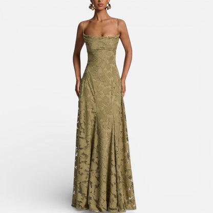 Elegant Lace Maxi Cocktail Dress for Women with Square Neck Spaghetti Strap Ruched Flowing Style