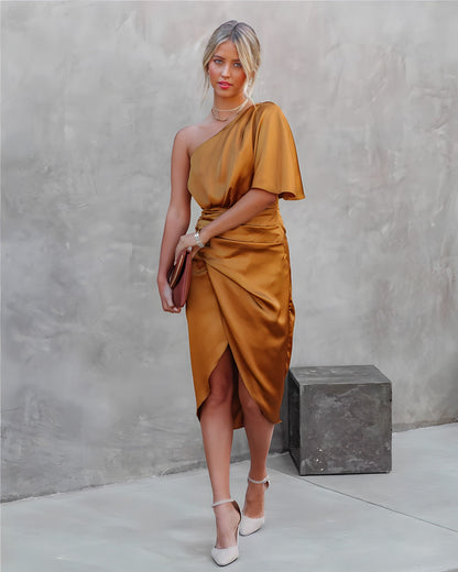 Isabella | Elegant Gold Dress for Women in Semi Formal Wedding Guest Style
