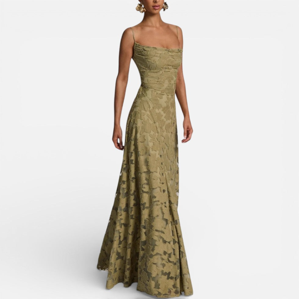 Elegant Lace Maxi Cocktail Dress for Women with Square Neck Spaghetti Strap Ruched Flowing Style