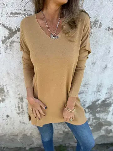Effortless Ribbed Knit Tunic for Women with V Neck Long Sleeve Relaxed Oversized Style