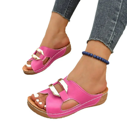 Comfortable Orthopedic Sandals for Women with Gold Metal Bar Cutout Wedge Heel Slip On Open Toe Style