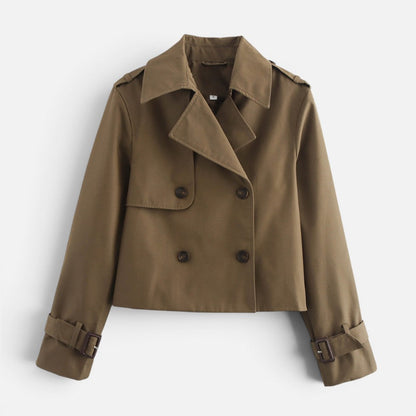 Elegant Cropped Trench Jacket for Women with Notch Lapel Long Sleeve Double Breasted Belted Cuff Style