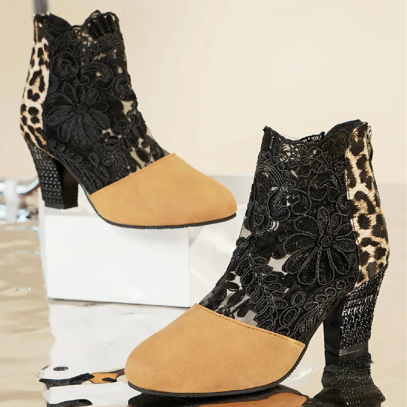 Chic Lace Mesh Women Boots for Women with Pointed Toe Chunky Block Heel Ankle Style