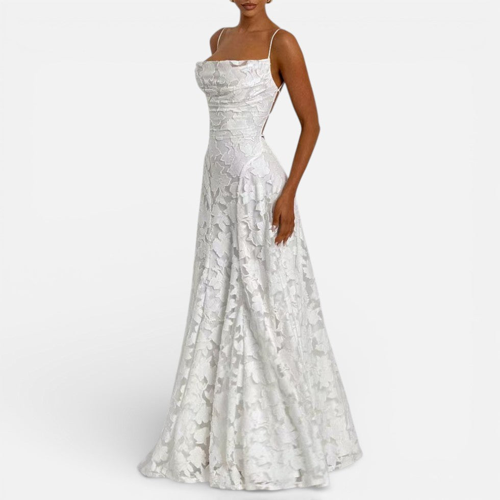 Elegant Lace Maxi Cocktail Dress for Women with Square Neck Spaghetti Strap Ruched Flowing Style