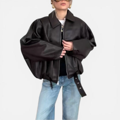 Elegant Leather Jacket for Women with Collar Long Sleeve Belted Oversized Bomber Style