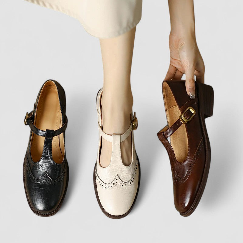 Comfortable Mary Jane Shoes for Women with Round Toe T Strap Brogue Buckle Flat Style