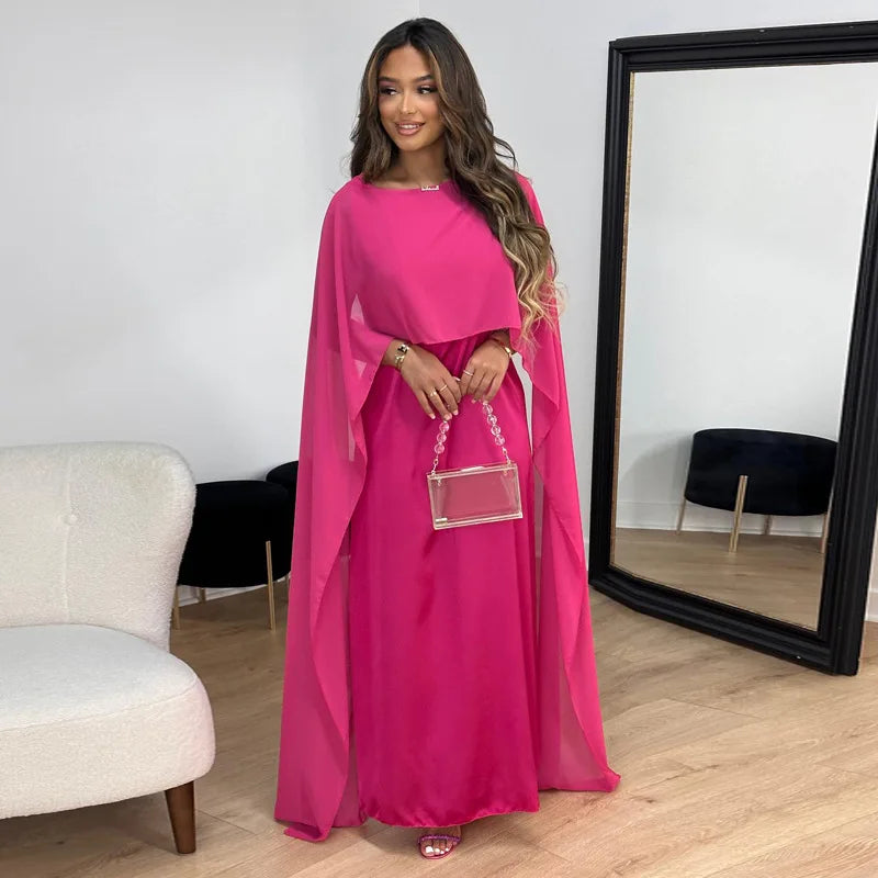 Elegant Satin Maxi Dress for Women with Boat Neck Cape Sleeve Flowing Kaftan Style
