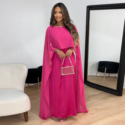 Elegant Satin Maxi Dress for Women with Boat Neck Cape Sleeve Flowing Kaftan Style