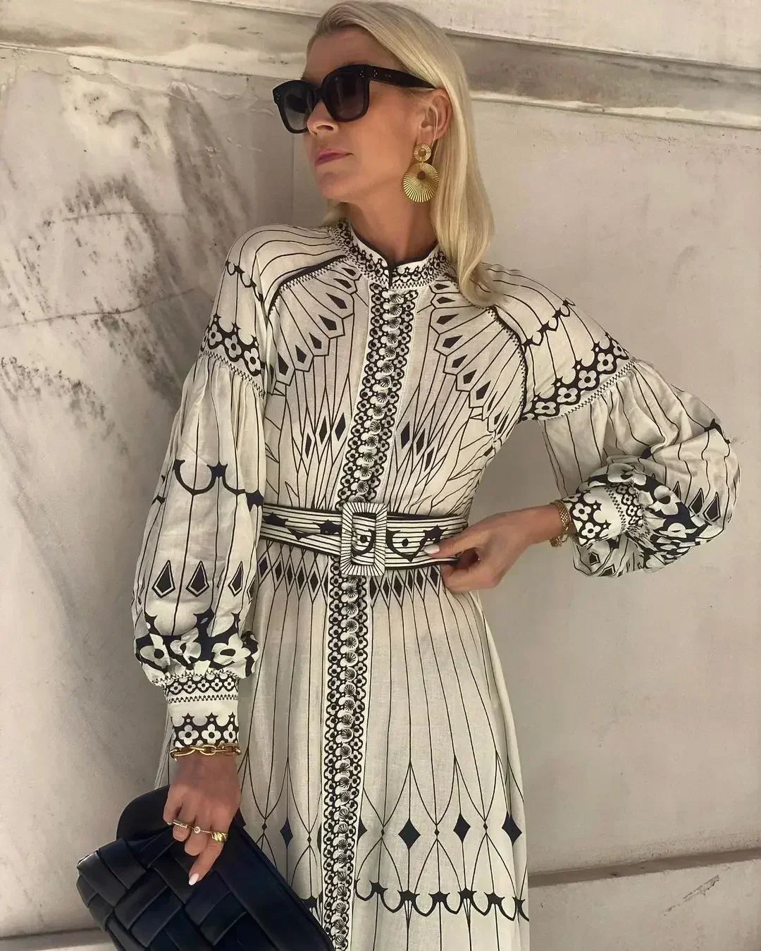 Elegant Beige Printed A Line Dress for Women with Stand Collar Long Sleeve Belted Midi Casual Style