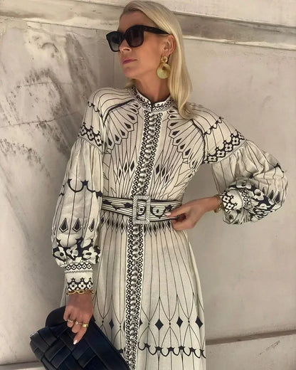Elegant Beige Printed A Line Dress for Women with Stand Collar Long Sleeve Belted Midi Casual Style