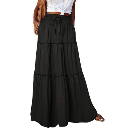 Effortless Tiered Maxi Skirt for Women with High Waist Drawstring Flowing Bohemian Style