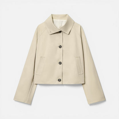 Elegant Beige Cropped Jacket for Women with Collar Long Sleeve Button Front Relaxed Style