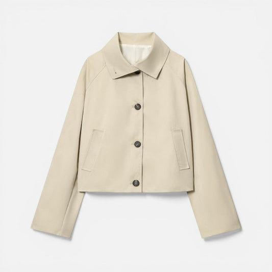 Elegant Beige Cropped Jacket for Women with Collar Long Sleeve Button Front Relaxed Style