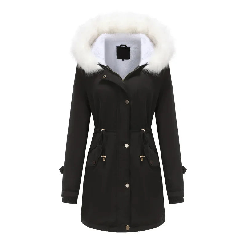 Cozy Faux Fur Trim Parka Jacket for Women with Hooded Long Sleeve Drawstring Waist Relaxed Style