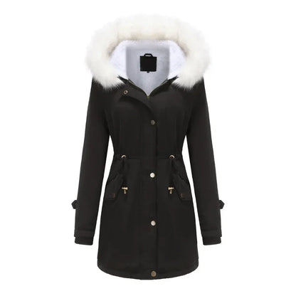 Cozy Faux Fur Trim Parka Jacket for Women with Hooded Long Sleeve Drawstring Waist Relaxed Style