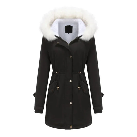 Cozy Faux Fur Trim Parka Jacket for Women with Hooded Long Sleeve Drawstring Waist Relaxed Style