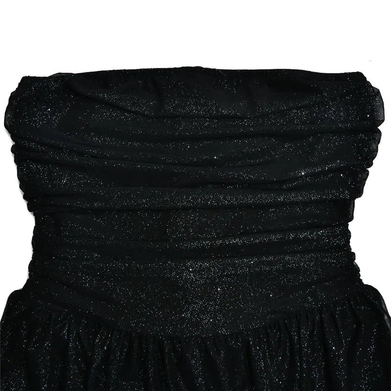 Elegant Glitter Gold Dress for Women with Strapless Ruched Bodice Bow Back Fit Flare Style