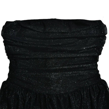 Elegant Glitter Gold Dress for Women with Strapless Ruched Bodice Bow Back Fit Flare Style