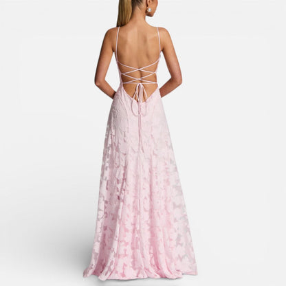 Elegant Lace Maxi Cocktail Dress for Women with Square Neck Spaghetti Strap Ruched Flowing Style