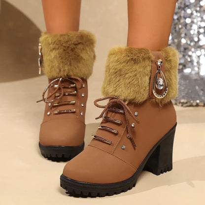 Stylish Faux Fur Boots for Women with Lace Up Rhinestone Block Heel Winter Style
