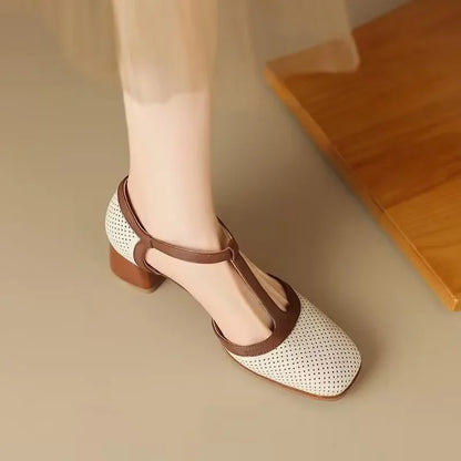 Elegant Flats for Women with T-Strap Block Heel Round Toe Style