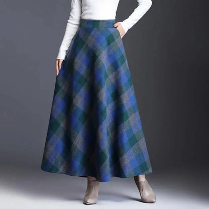 Elegant Plaid Maxi Skirt for Women with High Waist A Line Flared Flowing Style