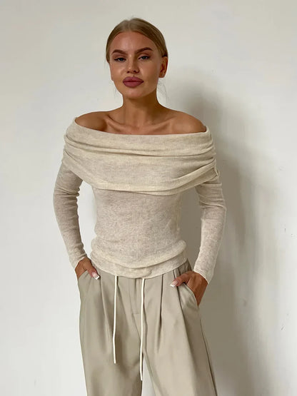 Effortless Ribbed Off The Shoulder Top for Women with Foldover Collar Long Sleeve Fitted Casual Style